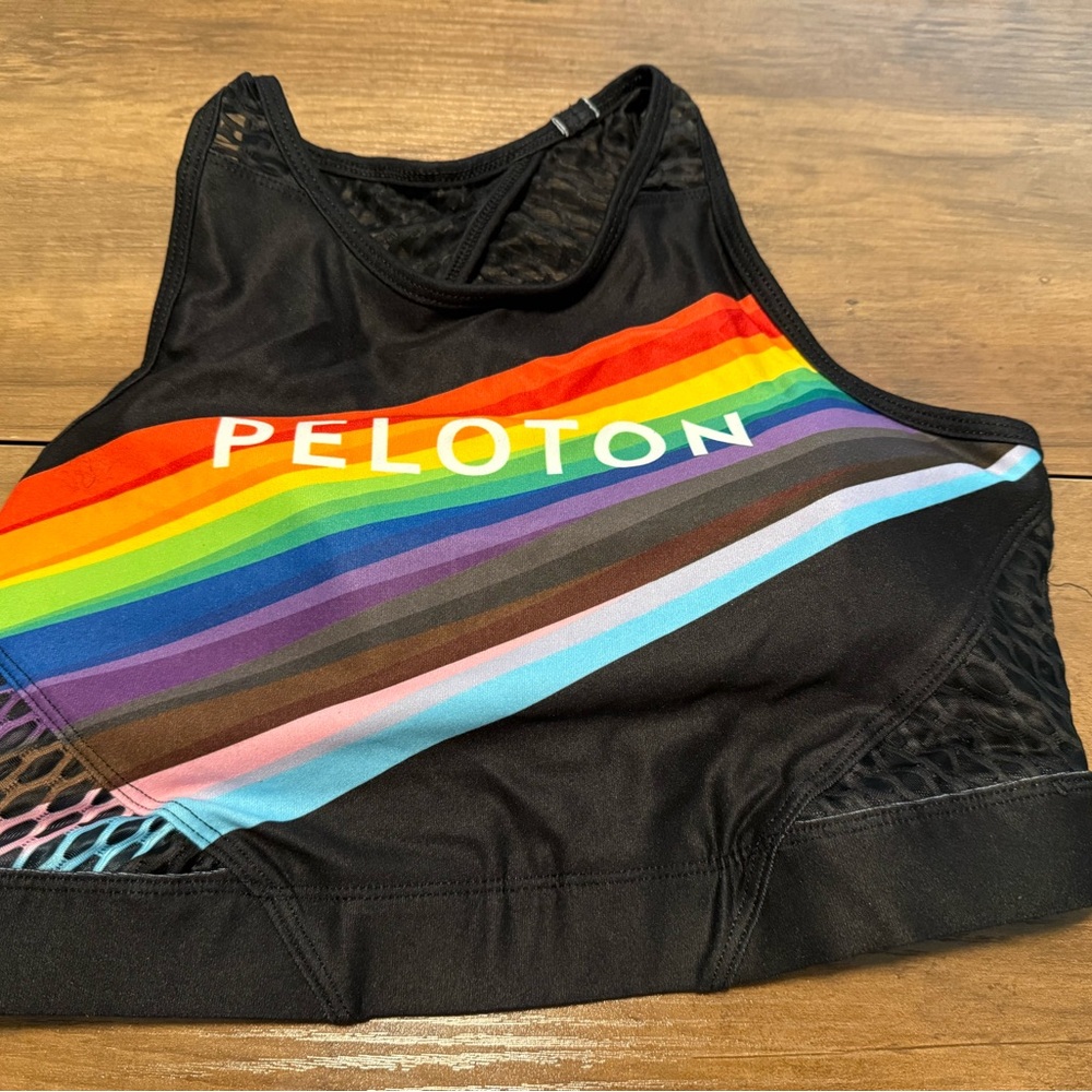 Peloton WITH Women's high neck Black Sports Bra with Rainbow Stripes